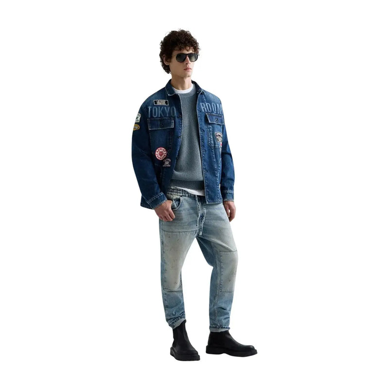 Blazer en jean Replay pour homme, bleu coton, style classique, avec veste en jean bleu ornée d'écussons et de broderies.