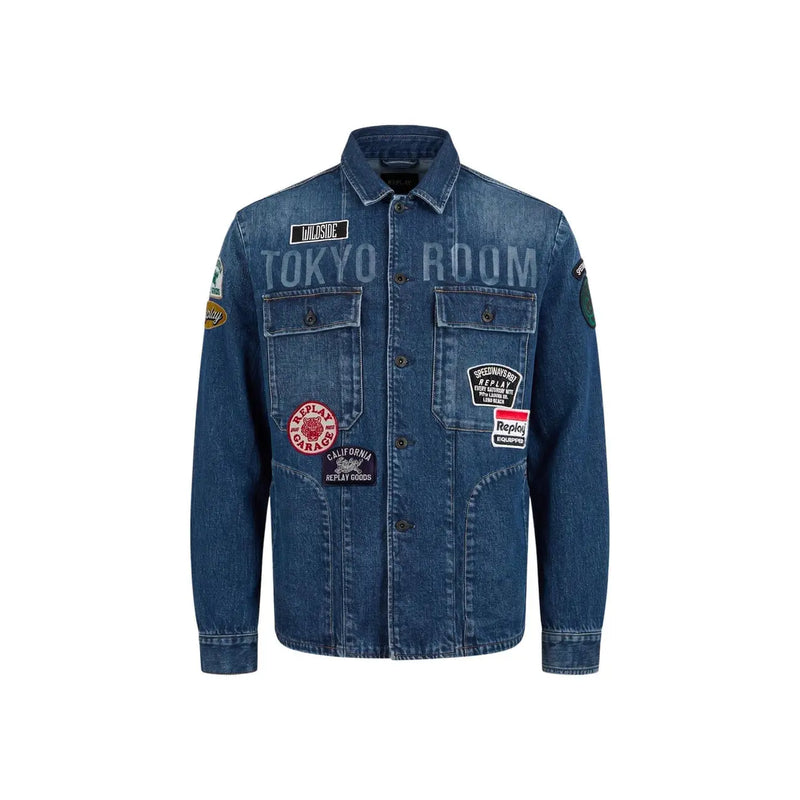Blazer en jean Replay pour homme, bleu coton, style classique, avec veste en jean bleu ornée d'écussons et de broderies.