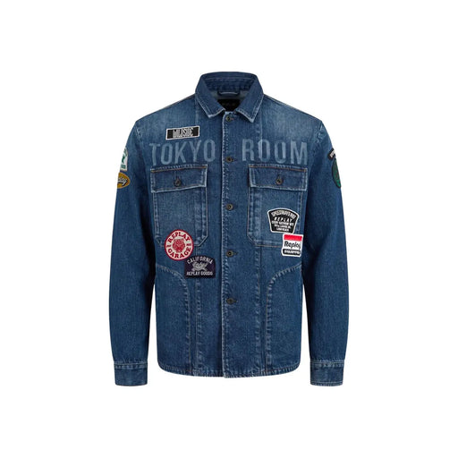 Blazer en jean Replay pour homme, bleu coton, style classique, avec veste en jean bleu ornée d'écussons et de broderies.