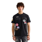 T-shirt homme Replay vert en coton, coupe décontractée, manches courtes noires et écussons colorés Tokyo Room sur la poitrine