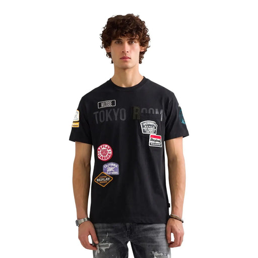 Replay men green cotton t shirt relaxed fit with black short-sleeved design and colorful tokyo room patches on chest