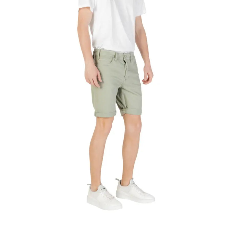 Replay men green khaki denim shorts with rolled cuffs and classic five-pocket design from spring summer collection