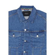 Veste homme Replay en denim bleu avec boutons argentés, étiquette noire de la marque, col rond et poches avant