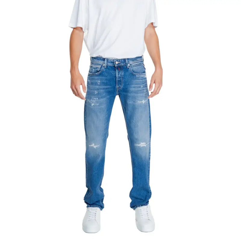 Jean homme Replay bleu uni à fermeture éclair, coupe classique cinq poches, délavage délavé, taille 32