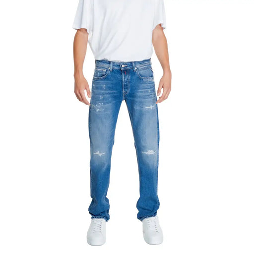 Jean homme Replay bleu uni à fermeture éclair, coupe classique cinq poches, délavage délavé, taille 32