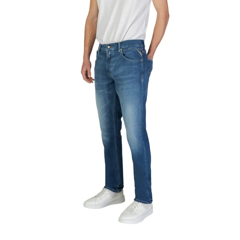 Replay men jeans in blue denim with slim fit faded wash and zip and button details shown from the back side