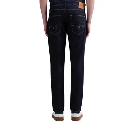 Jean homme Replay bleu à fermeture éclair et bouton M1008J 000, printemps-été, denim indigo foncé avec surpiqûres blanches et empiècement en cuir marron