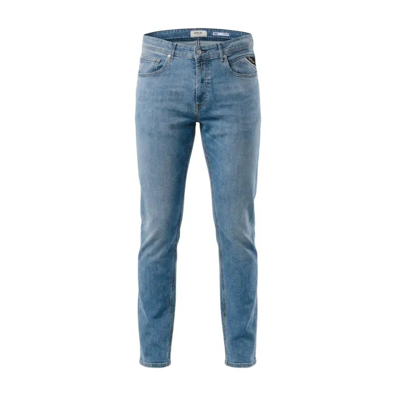 Jean Replay pour homme, bleu clair, coupe slim, en denim stretch de coton, avec un design classique à cinq poches.