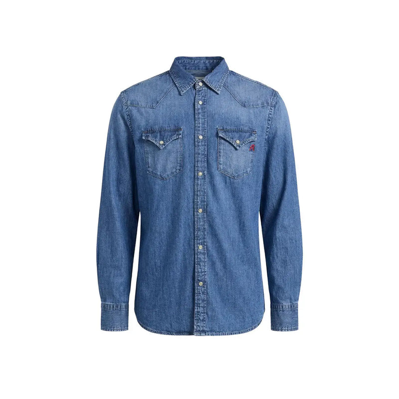 Replay men shirt blue denim long-sleeved button-up with two chest pockets and small red logo on left pocket