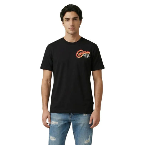 Replay homme coton noir t-shirt avec un logo personnalisé orange et blanc audacieux sur la poitrine