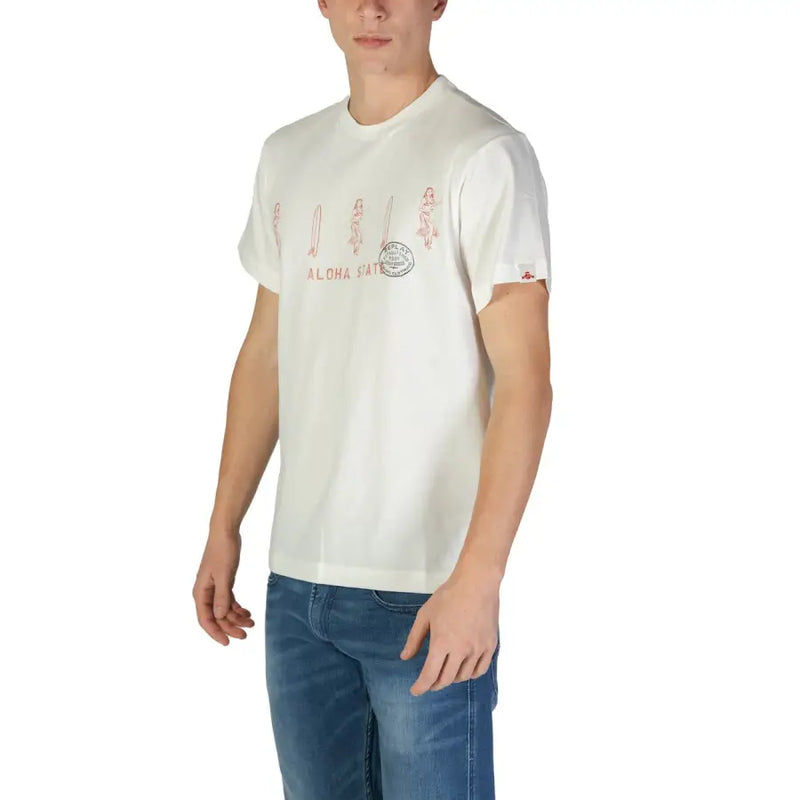 Replay hommes t-shirt Coton blanc avec imprimé graphique de surfeur rouge et inscription « Aloha State » sur le devant