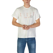 Coton blanc Replay homme t-shirt avec des danseuses de hula roses et des planches de surf imprimées et le texte de l'État d'Hawaï