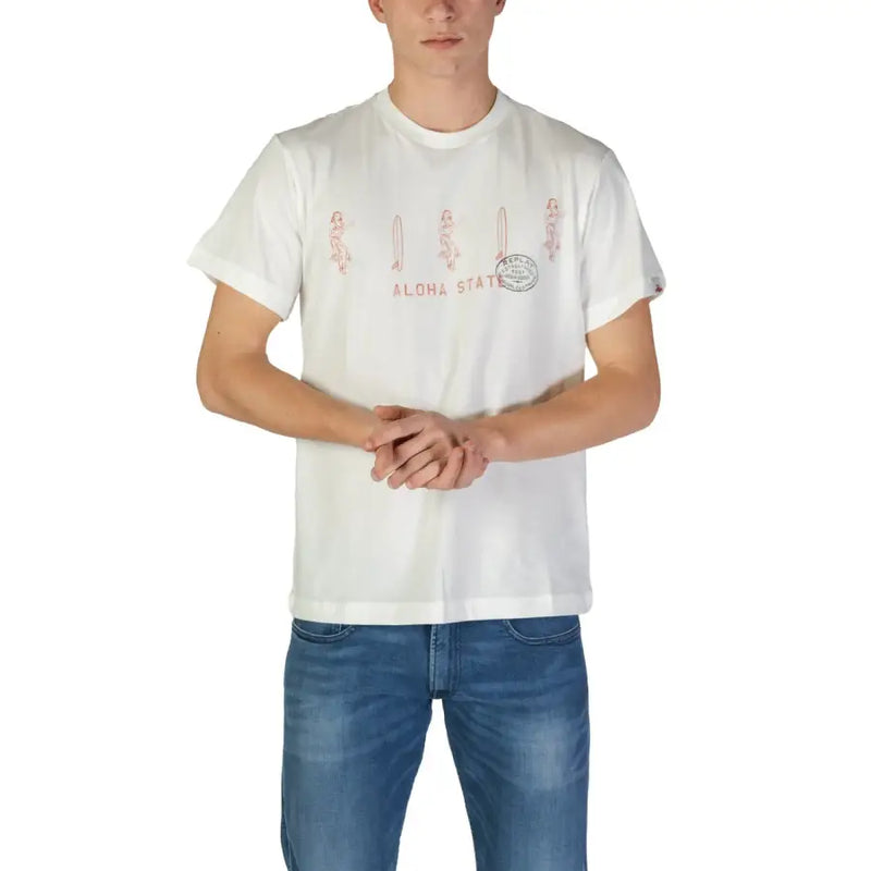 Coton blanc Replay homme t-shirt avec des danseuses de hula roses et des planches de surf imprimées et le texte de l'État d'Hawaï