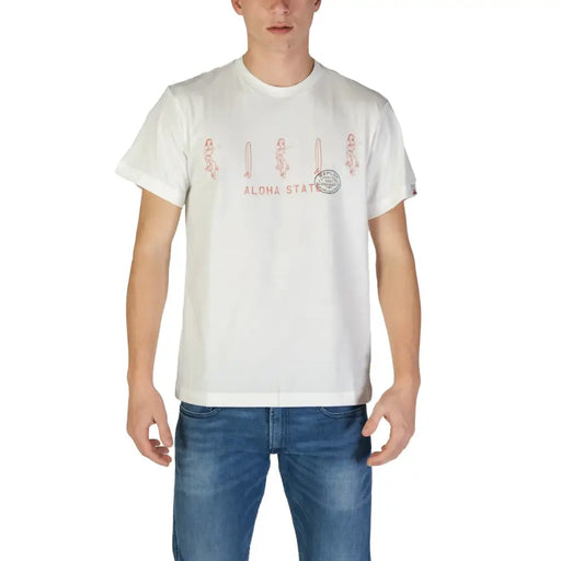 Replay hommes t-shirt Coton blanc imprimé en rouge de surfeurs et portant l'inscription « Aloha State » sur la poitrine