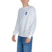 Replay men white plain long sleeve round neck cotton sweatshirt with a small blue rectangular logo on the left chest