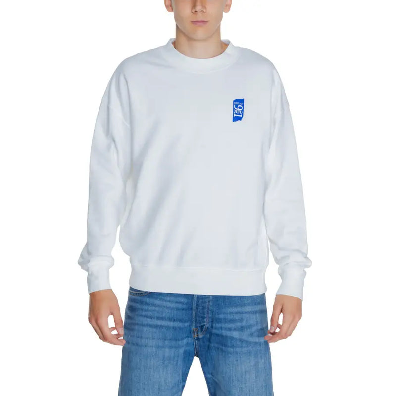 Replay men white plain long sleeve round neck sweatshirt with a small blue rectangular logo on the left chest