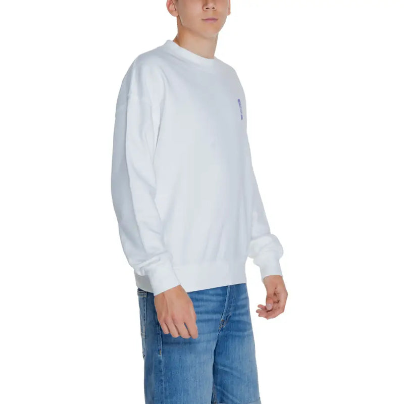 Replay men white plain long sleeve round neck sweatshirt with a small vertical blue logo on the left chest