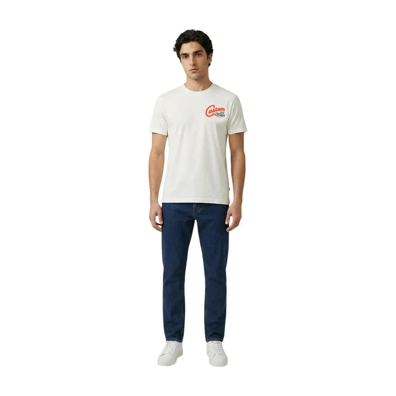 T-shirt Replay pour homme, blanc, en coton, col rond, manches courtes, avec logo personnalisé rouge et noir sur la poitrine gauche.