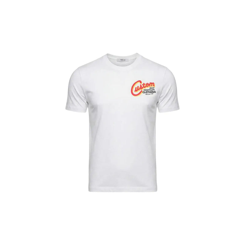 T-shirt Replay pour homme, blanc, en coton, col rond, manches courtes, avec logo premium personnalisé rouge et noir sur la poitrine gauche.