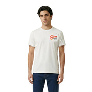 T-shirt Replay pour homme, blanc cassé, en coton, col rond, manches courtes, avec logo personnalisé rouge et noir, texte premium