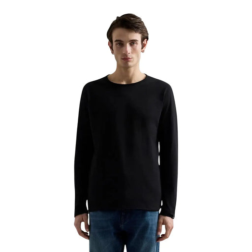 T-shirt à manches longues en coton noir pour homme Replay, avec col rond et texture tricotée lisse.