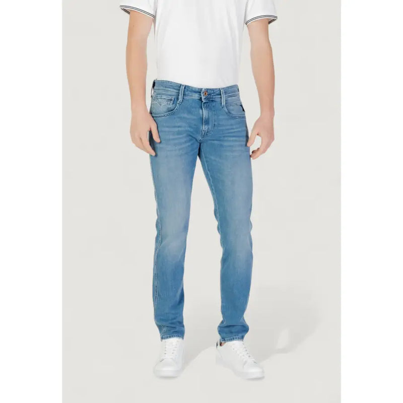 Replay mens light blue denim jeans in stretch cotton with slim fit and subtle fading on light-wash fabric