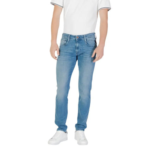 Replay mens light blue denim jeans in slim fit stretch cotton with subtle fading and light wash finish