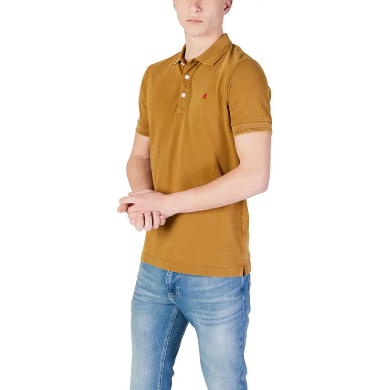 Replay men’s mustard-yellow short sleeve polo shirt with classic collar and red embroidered logo on the left chest
