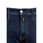 Jean stretch Replay pour homme en denim bleu foncé avec surpiqûres beiges et bouton argenté, vue de face