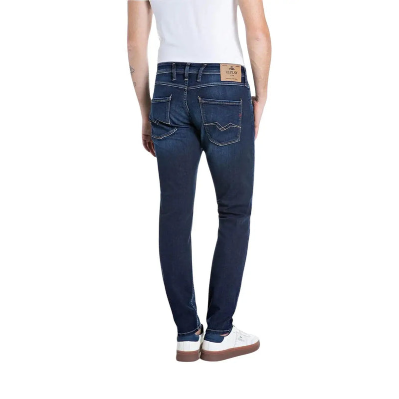 Jean Replay Power Stretch pour homme en denim bleu foncé, coupe slim et étiquette Replay (vue arrière)