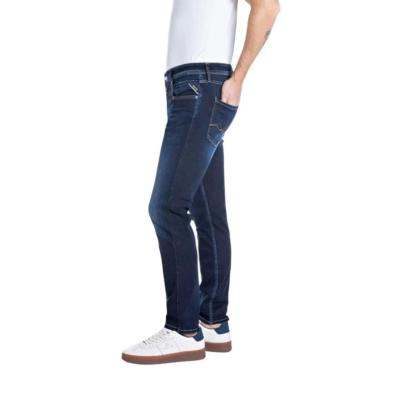 Jean Replay Power Stretch pour homme, bleu indigo foncé, coupe slim et délavage subtil aux cuisses, vue de face