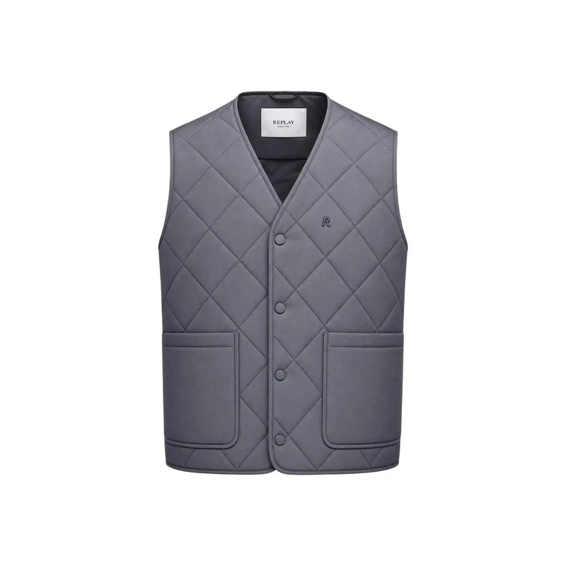 Gilet matelassé Replay pour homme, gris, avec boutons sur le devant et poches latérales, vue de face