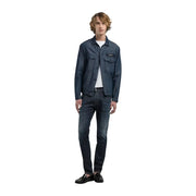 Jean slim Replay Anbass pour homme, veste en denim bleu foncé avec deux poches poitrine et logo noir sur le devant