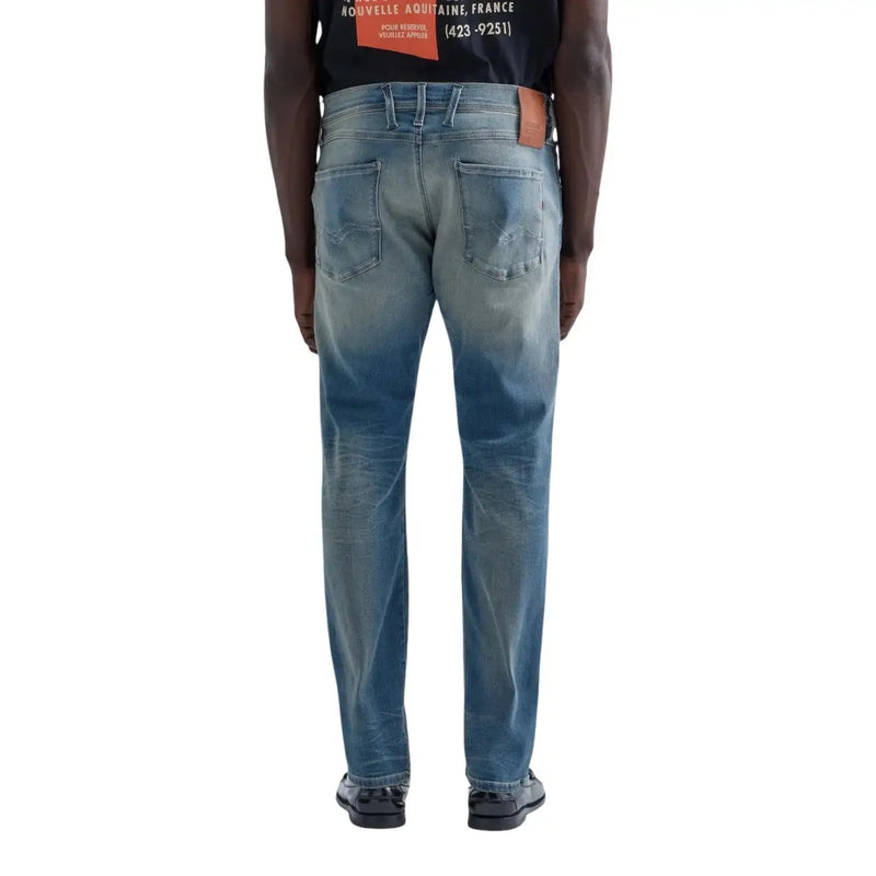 Jean slim Replay Anbass pour homme en denim bleu délavé moyen avec effet usé et empiècement en cuir marron sur le devant