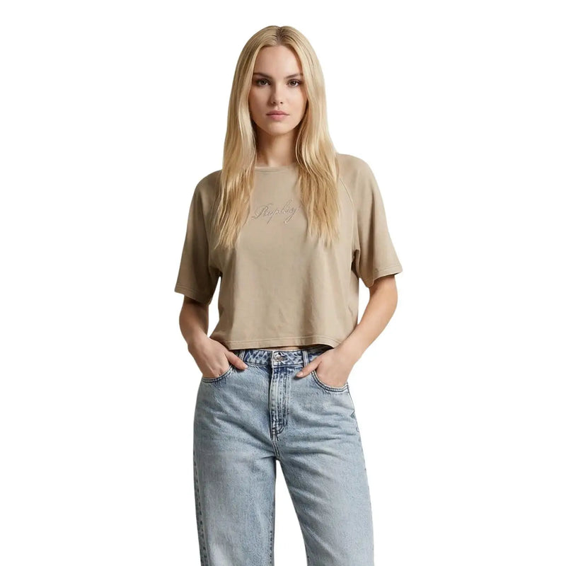 Replay women beige cotton round neck short t shirt size bd with subtle embroidered logo across the chest