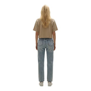 Light-wash denim jeans with straight-leg cut and classic back pockets shown with replay women beige cotton round neck t shirt