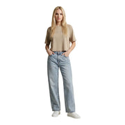Light-wash denim jeans with straight-leg cut and classic stitching paired with replay women beige cotton round neck short t shirt