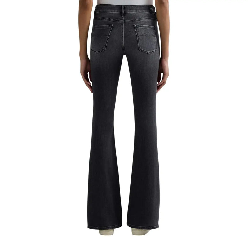 Jean en denim gris foncé évasé avec poche arrière classique de Replay pour femme, jean noir en denim avec poche zippée, printemps, montrant l'arrière