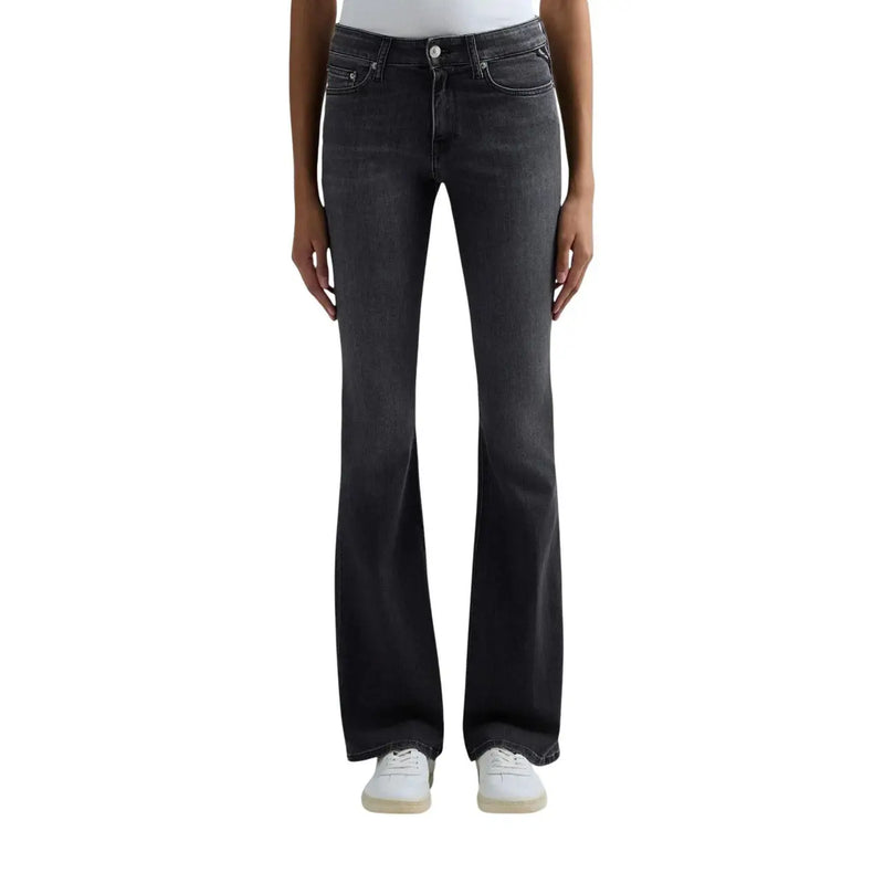 Jean en denim noir pour femme Replay, coupe évasée, cinq poches et délavage subtil aux cuisses, collection printemps TN