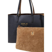 Replay women black handbag velvety synthetic tote with dark blue textured leather gold-tone branding and brown handles