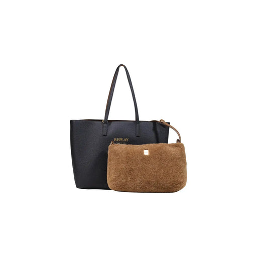 Sac à main femme Replay en matière synthétique noire texturée veloutée, 40 x 30 cm, logo doré, anses noires assorties et pochette marron.