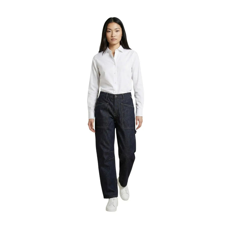 Jean Replay pour femme en denim bleu indigo foncé, coupe droite, poches plaquées proéminentes, coupe barbotine, en coton.