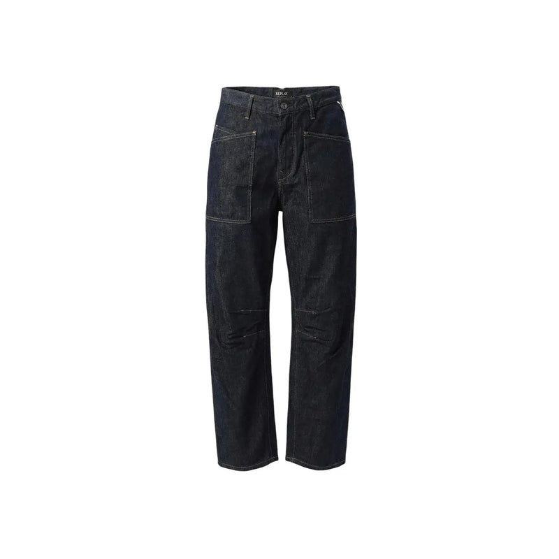Jean Replay pour femme en denim bleu indigo foncé, coupe droite décontractée, coupe baril, en coton bleu marine avec surpiqûres blanches apparentes.