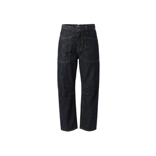 Jean Replay pour femme en denim bleu indigo foncé, coupe droite décontractée, coupe baril, en coton bleu marine avec surpiqûres blanches apparentes.