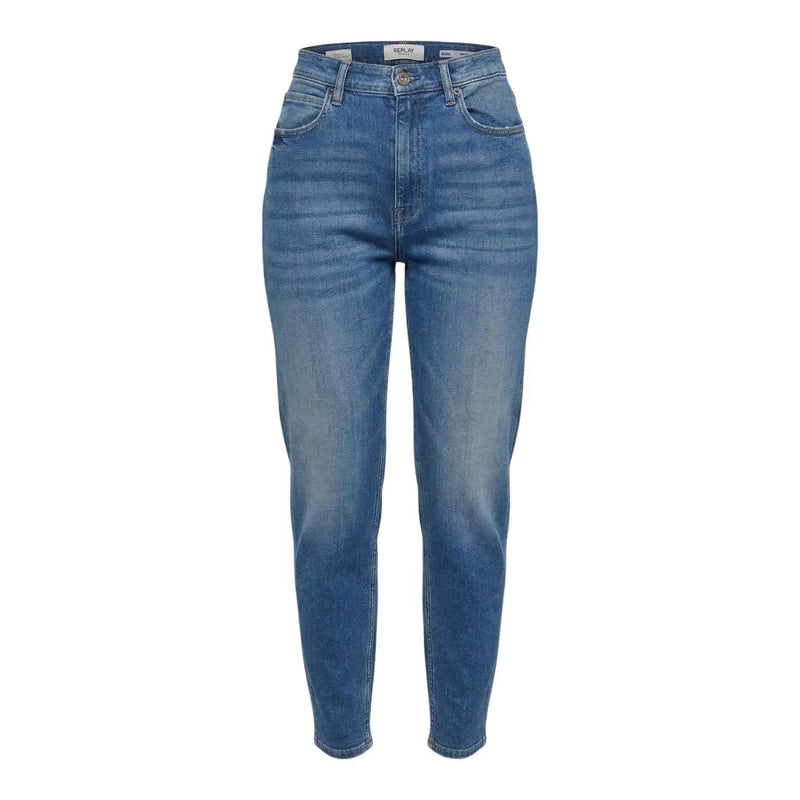 Jean Replay pour femme, bleu denim, taille haute, coupe droite, poches avant et arrière, délavage moyen