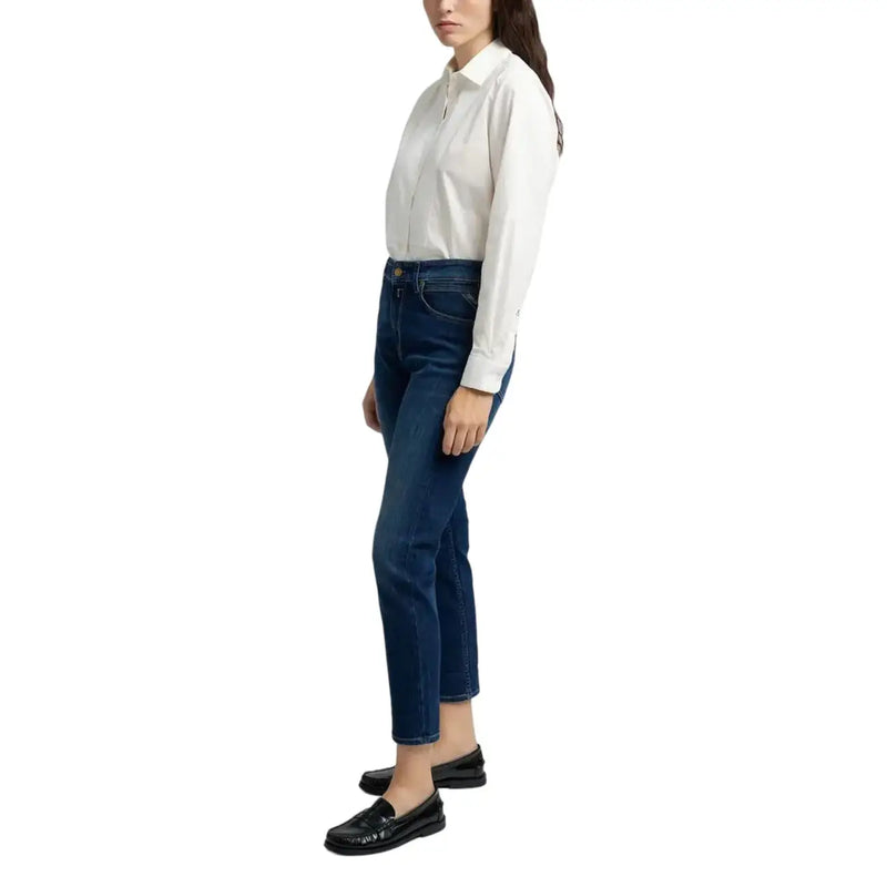 Jean en denim bleu foncé taille haute à jambes droites avec poches avant, de la marque Replay pour femme.