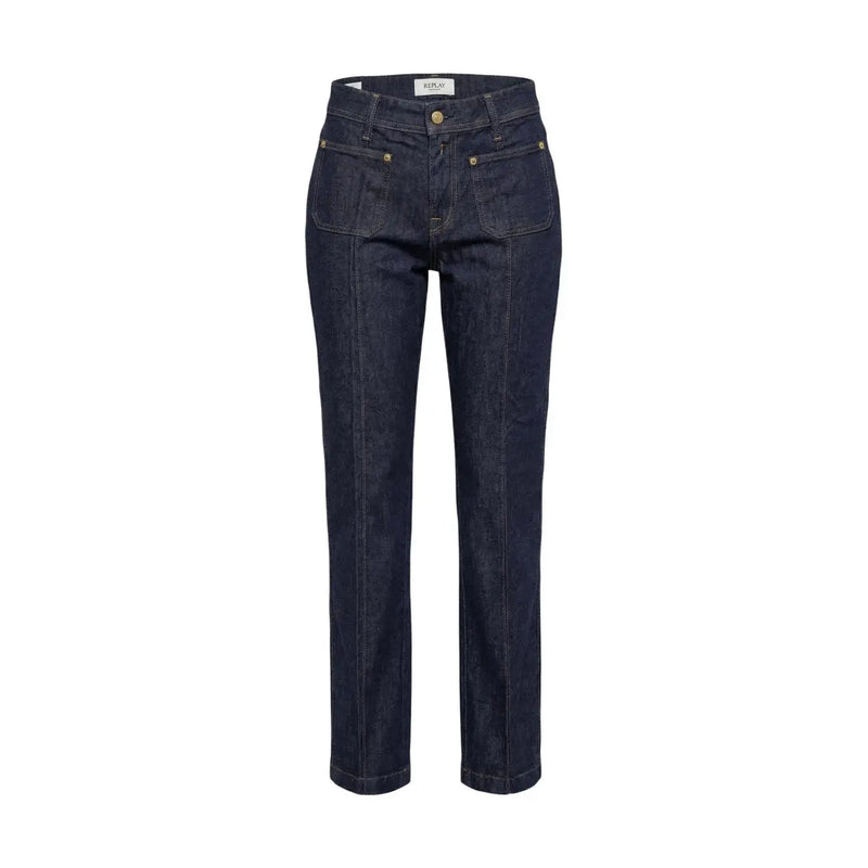 Jean Replay pour femme en denim bleu indigo foncé avec détails dorés et coupe droite à poches avant