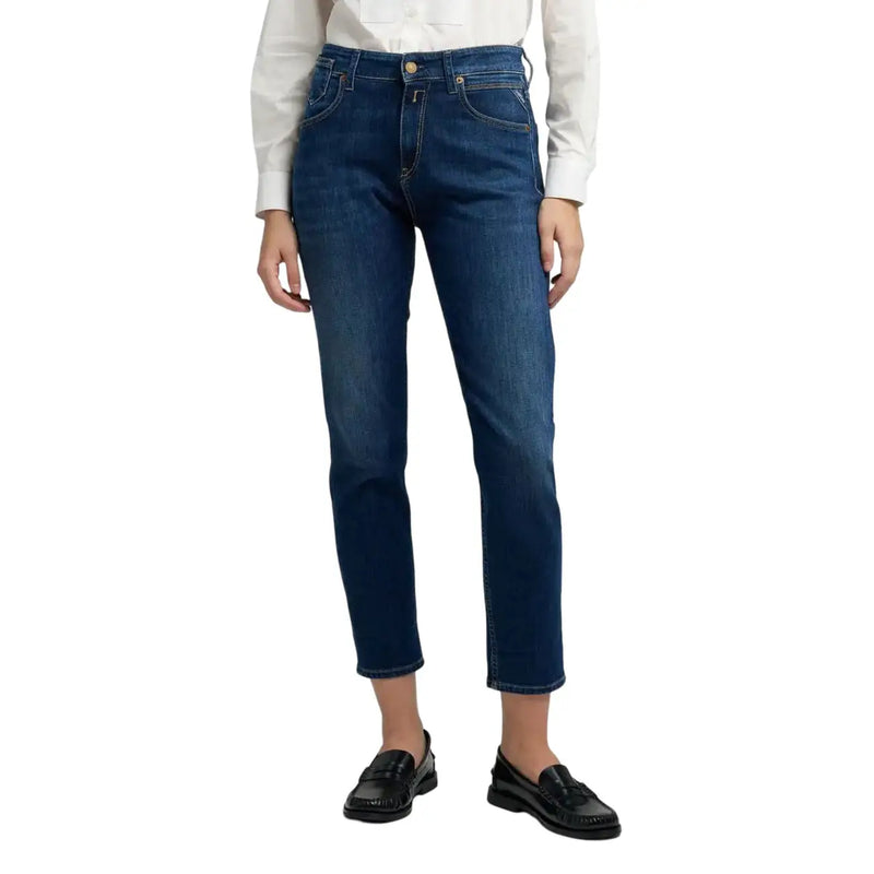 Jean Replay pour femme en denim bleu foncé, coupe droite classique, délavage subtil aux cuisses et poches avant.