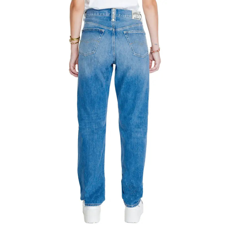 Replay women blue medium-wash denim jeans with classic five-pocket design and branded waistband label fall winter collection