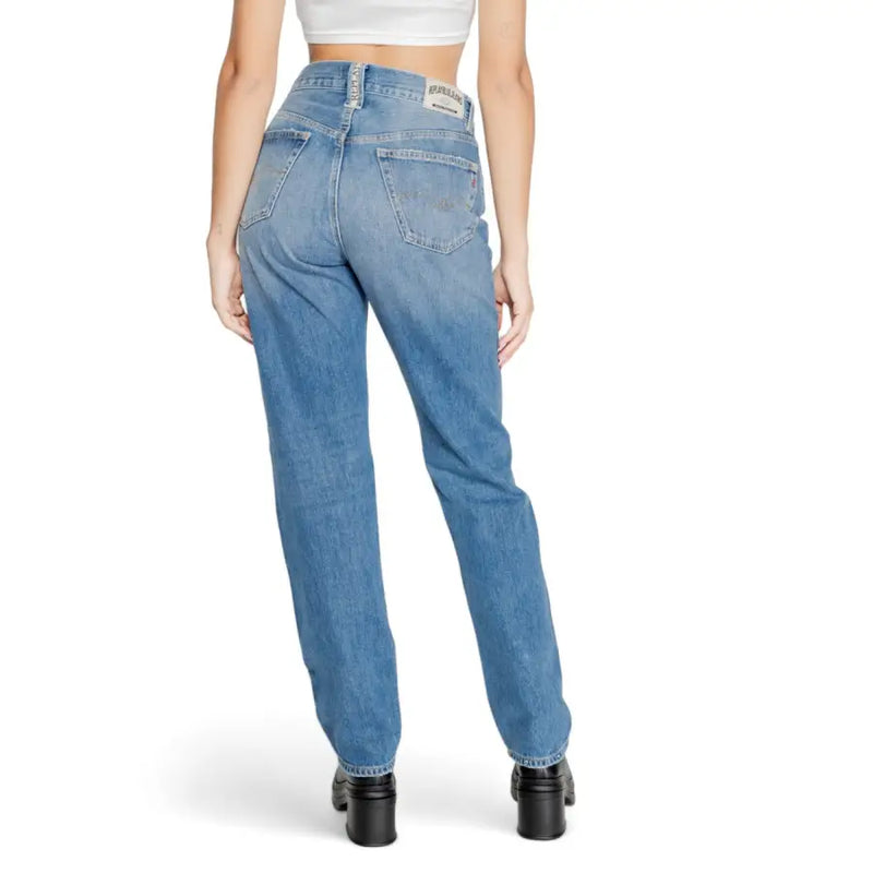 High-rise blue denim jeans with classic straight-leg cut and visible stitching from Replay women fall winter collection